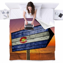 Colorado Flag On Wooden Table Sign On Beach Background Blankets 89376599
