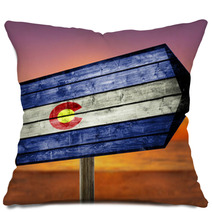 Colorado Flag On Wooden Table Sign On Beach Background Pillows 89376599