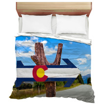 Colorado Flag Wooden Sign With Road Background Bedding 85269838