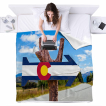 Colorado Flag Wooden Sign With Road Background Blankets 85269838