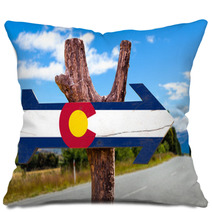 Colorado Flag Wooden Sign With Road Background Pillows 85269838