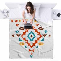 Colorful Aztec Ornament On White Geometric Ethnic Illustration Blankets 66465404