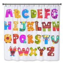 Colorful Cartoon Children English Alphabet With Funny Monsters Education And Development Of Children Detailed Colorful Illustrations Bath Decor 159702067