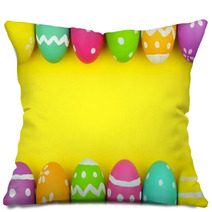 Colorful Easter Egg Double Border Over A Yellow Paper Background Pillows 102263458
