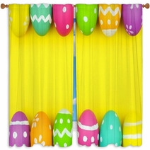Colorful Easter Egg Double Border Over A Yellow Paper Background Window Curtains 102263458