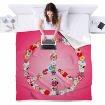 Colorful Flowers in Peace Sign Pink Background Blankets 67958828