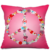 Colorful Flowers in Peace Sign Pink Background Pillows 67958828