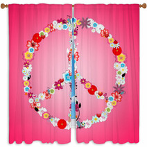 Colorful Flowers in Peace Sign Pink Background Window Curtains 67958828