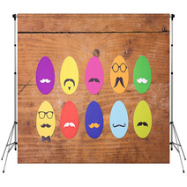 Colorful Hipster Easter Eggs On Wooden Surface Backdrops 63026628