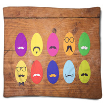 Colorful Hipster Easter Eggs On Wooden Surface Blankets 63026628