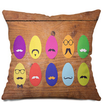 Colorful Hipster Easter Eggs On Wooden Surface Pillows 63026628