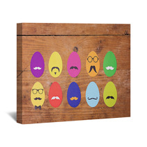 Colorful Hipster Easter Eggs On Wooden Surface Wall Art 63026628