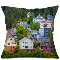 Colorful Houses On Ketchikan Hillside Pillows 141970675