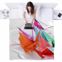 Colorful Paper Origami Birds On A White Background Blankets 66874217