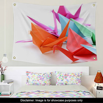 Colorful Paper Origami Birds On A White Background Wall Art 66874217