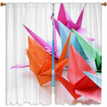 Colorful Paper Origami Birds On A White Background Window Curtains 66874217