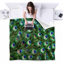 Colorful Peacock Feathers Background Blankets 61396099