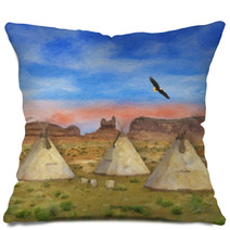 Colorful Southwestern Native American Scene Illustration Pillows 169485150