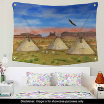 Colorful Southwestern Native American Scene Illustration Wall Art 169485150