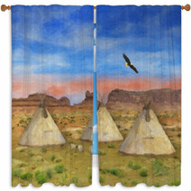 Colorful Southwestern Native American Scene Illustration Window Curtains 169485150