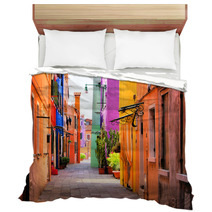 Colorful Street In Burano, Near Venice, Italy Bedding 51805031