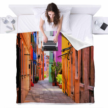 Colorful Street In Burano, Near Venice, Italy Blankets 51805031