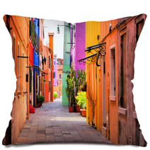 Colorful Street In Burano, Near Venice, Italy Pillows 51805031