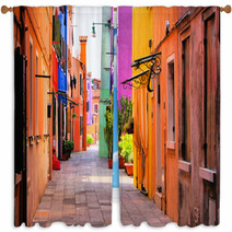 Colorful Street In Burano, Near Venice, Italy Window Curtains 51805031