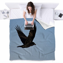 Common Raven Flying In A Blue Sky Blankets 64117478