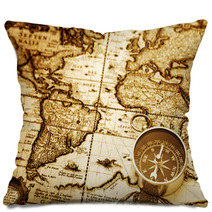 Compass On Vintage Map Pillows 90138995