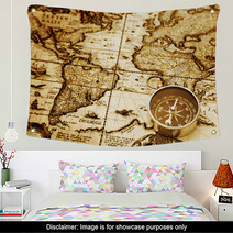 Compass On Vintage Map Wall Art 90138995