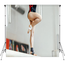 Competition In Artistic Gymnastics Female Gymnast Exercises On Balance Beam Backdrops 142927808