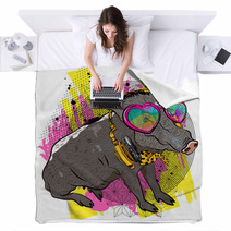 Cool Boar Comic Print For T Shirt Vector Illustration Fun Graphic Blankets 218761494