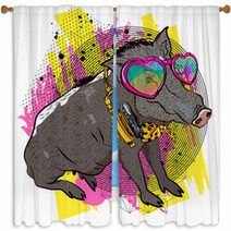 Cool Boar Comic Print For T Shirt Vector Illustration Fun Graphic Window Curtains 218761494
