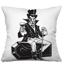 Count Dracula Sitting On The Coffin Halloween Cartoon Vampire Character Pillows 219008382