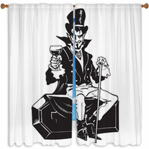 Count Dracula Sitting On The Coffin Halloween Cartoon Vampire Character Window Curtains 219008382