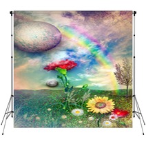 Countryside With Rainbow And Flowers Backdrops 57467577