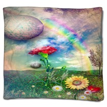 Countryside With Rainbow And Flowers Blankets 57467577