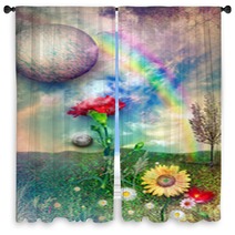 Countryside With Rainbow And Flowers Window Curtains 57467577