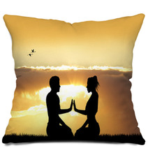Couple Doing Yoga At Sunset Pillows 101625377