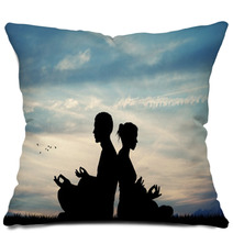 Couple Doing Yoga At Sunset Pillows 131966890