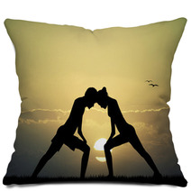 Couple Doing Yoga At Sunset Pillows 67438412