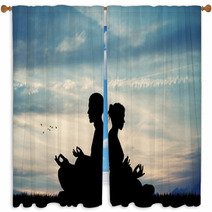 Couple Doing Yoga At Sunset Window Curtains 131966890