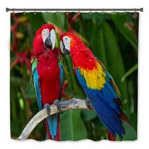 Couple Of Green-Winged And Scarlet Macaws In Nature Surrounding Bath Decor 43970014
