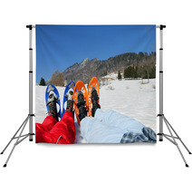 Couple With Blue And Orange Snowshoes In The Mountains Backdrops 80386691