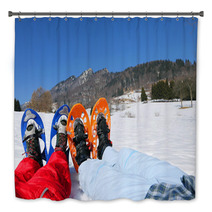 Couple With Blue And Orange Snowshoes In The Mountains Bath Decor 80386691