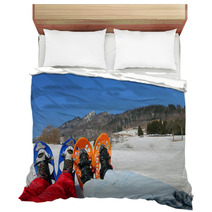 Couple With Blue And Orange Snowshoes In The Mountains Bedding 80386691