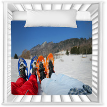Couple With Blue And Orange Snowshoes In The Mountains Nursery Decor 80386691