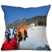 Couple With Blue And Orange Snowshoes In The Mountains Pillows 80386691