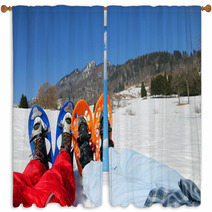 Couple With Blue And Orange Snowshoes In The Mountains Window Curtains 80386691